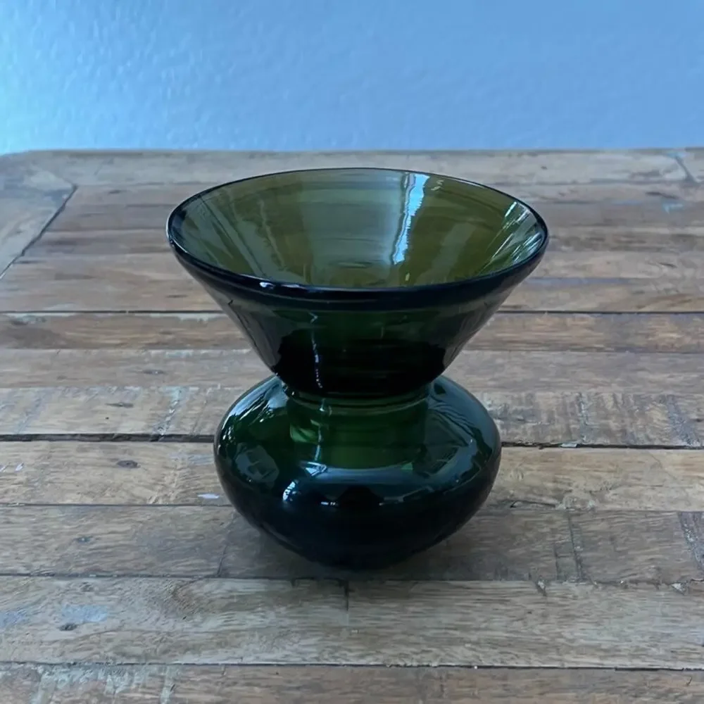 Vintage Mid-Century Hand Blown Green Spittoon Glass Vase Bulbous Wide Mouth